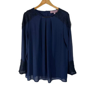 The Nicole Richie Collection Navy Blue Blouse Large Button Up Back Lace Trim